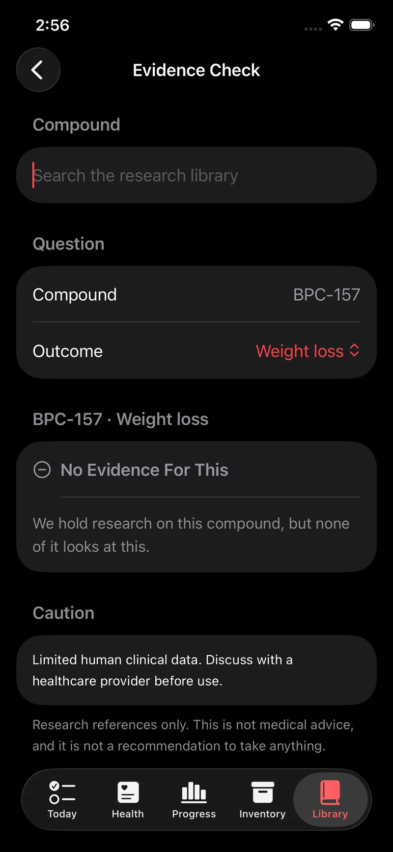 Evidence Check showing BPC-157 for weight loss graded No Evidence For This, with the note that research is held on the compound but none of it looks at weight loss