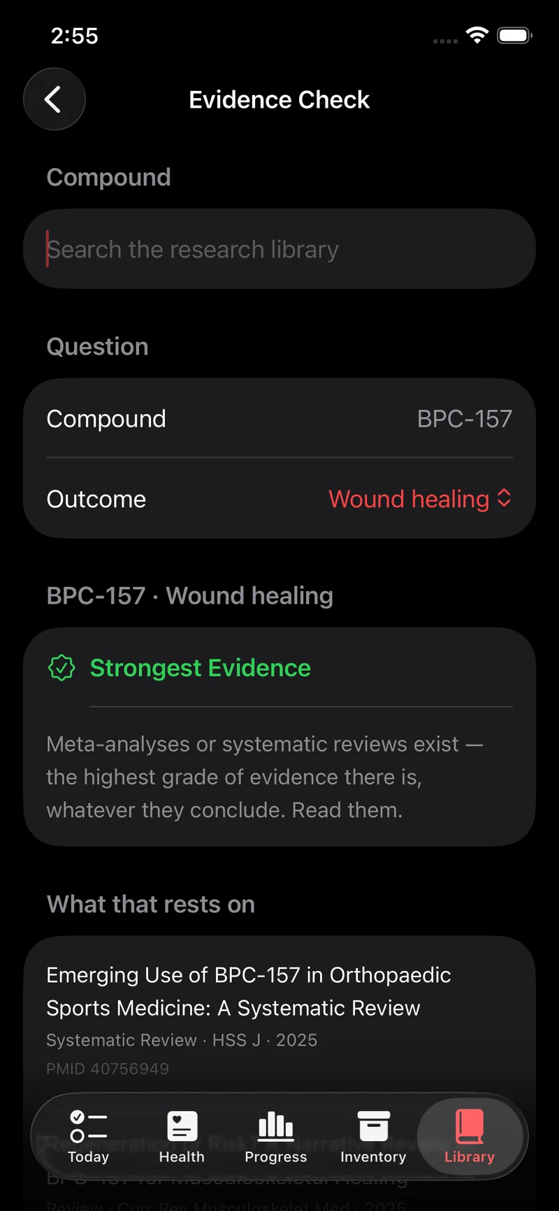 Evidence Check showing BPC-157 for wound healing graded Strongest Evidence, citing a 2025 systematic review of orthopaedic sports medicine use in HSS Journal, PMID 40756949
