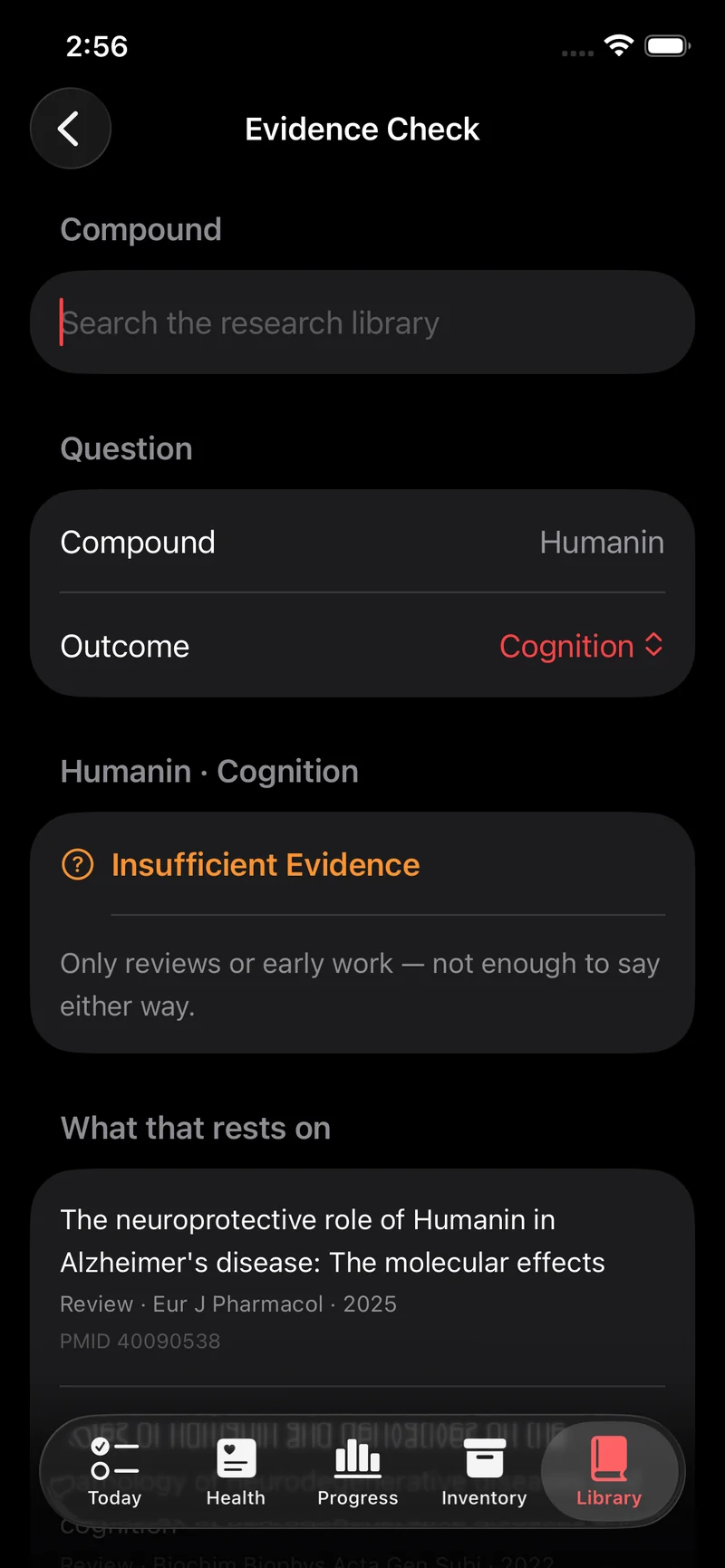 Evidence Check showing Humanin for cognition graded Insufficient Evidence, citing a 2025 review in the European Journal of Pharmacology, PMID 40090538