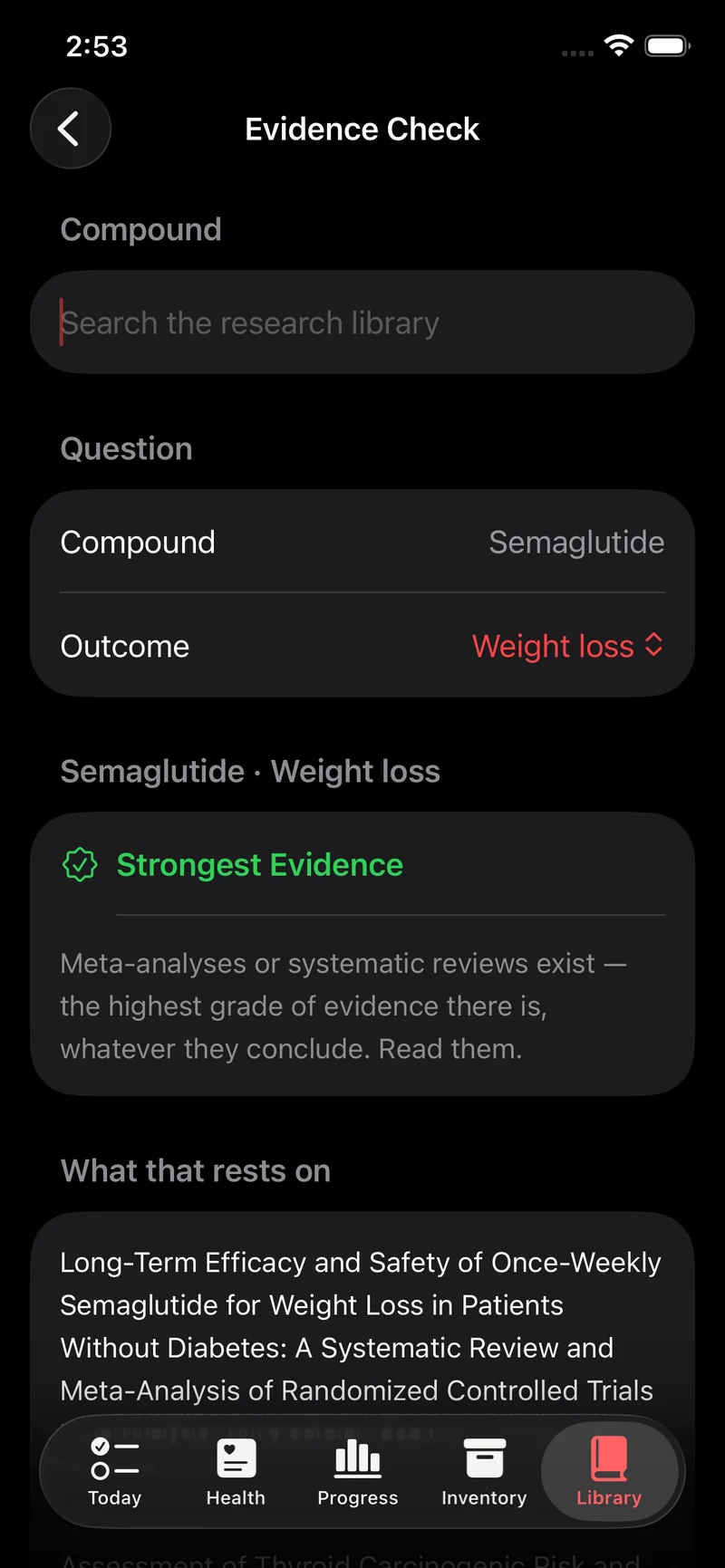Evidence Check showing Semaglutide for weight loss graded Strongest Evidence, citing a 2024 systematic review and meta-analysis of randomised controlled trials in the American Journal of Cardiology, PMID 38679221