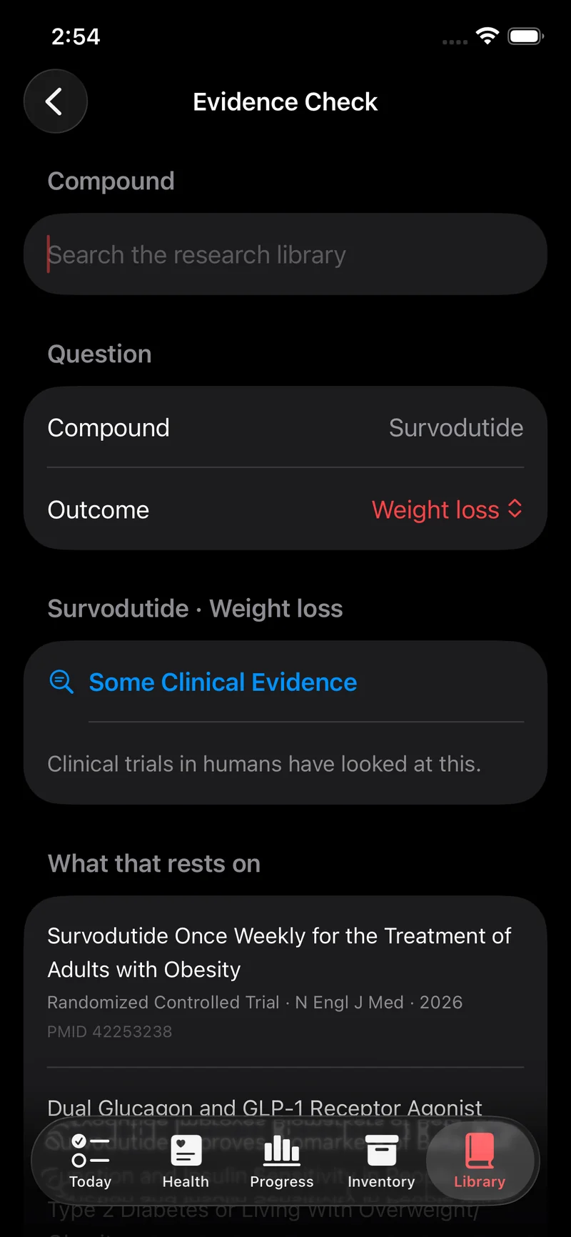 Evidence Check showing Survodutide for weight loss graded Some Clinical Evidence, citing a 2026 randomised controlled trial in the New England Journal of Medicine, PMID 42253238