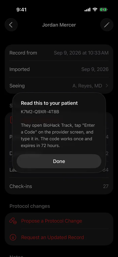 An alert reading Read this to your patient, showing the code K7M2-Q9XR-4T8B and explaining it works once and expires in 72 hours