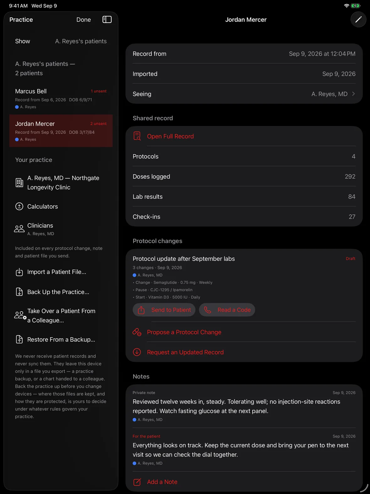 BioHack Track Provider on iPad: the practice roster on the left, and on the right a patient's record summary, a drafted protocol change with Send to Patient and Read a Code, and both a private note and a note for the patient