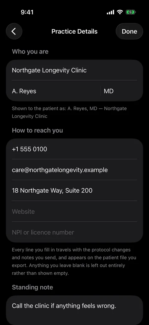 The Practice Details screen with clinic name, clinician, credentials, phone, email and address