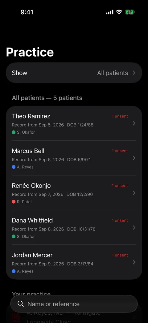 The practice roster listing five patients, each with the date of their last shared record, date of birth, and the clinician they are seeing