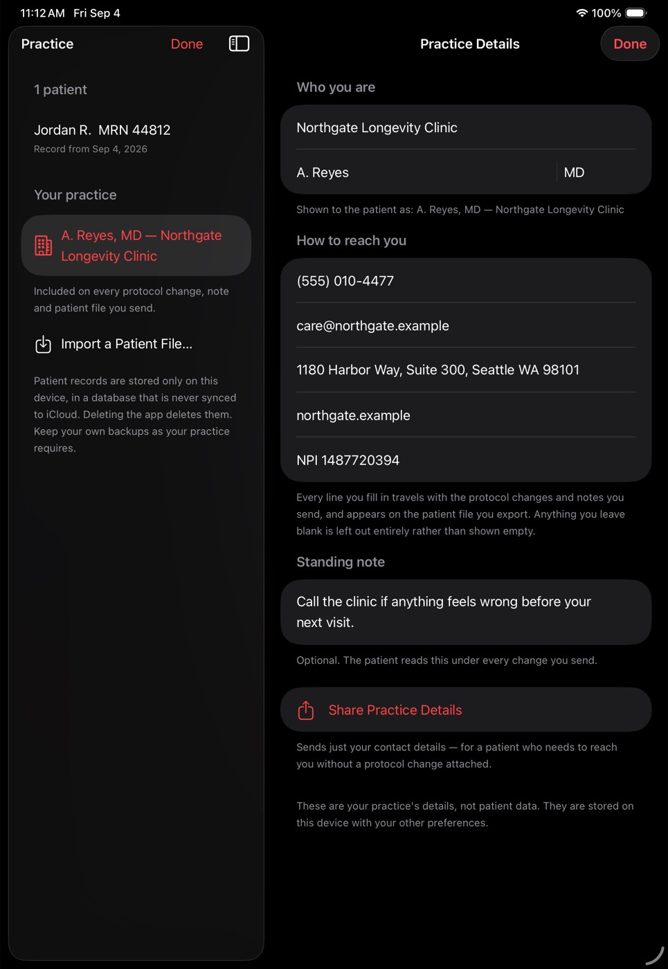 The Practice Details screen, showing the clinic's contact information