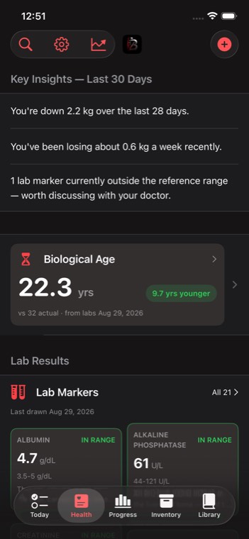 BioHack Track Health tab showing lab markers and body metrics