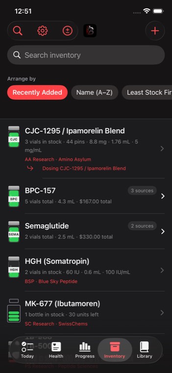 BioHack Track Inventory showing vials with remaining doses