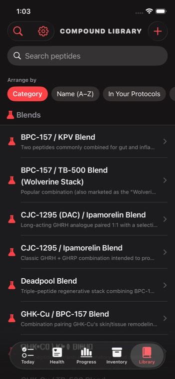 Compound library — 200+ peptides with half-life and dose ranges