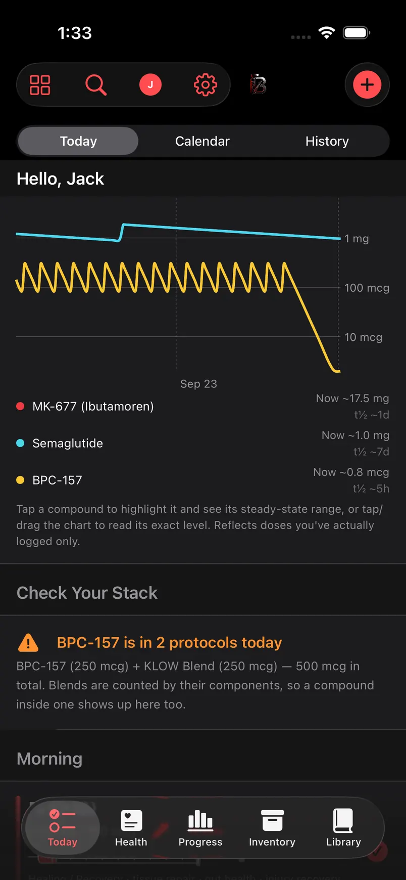 BioHack Track Today tab showing a stack warning: BPC-157 is in 2 protocols today, 250 mcg standalone plus 250 mcg inside the KLOW blend, 500 mcg in total