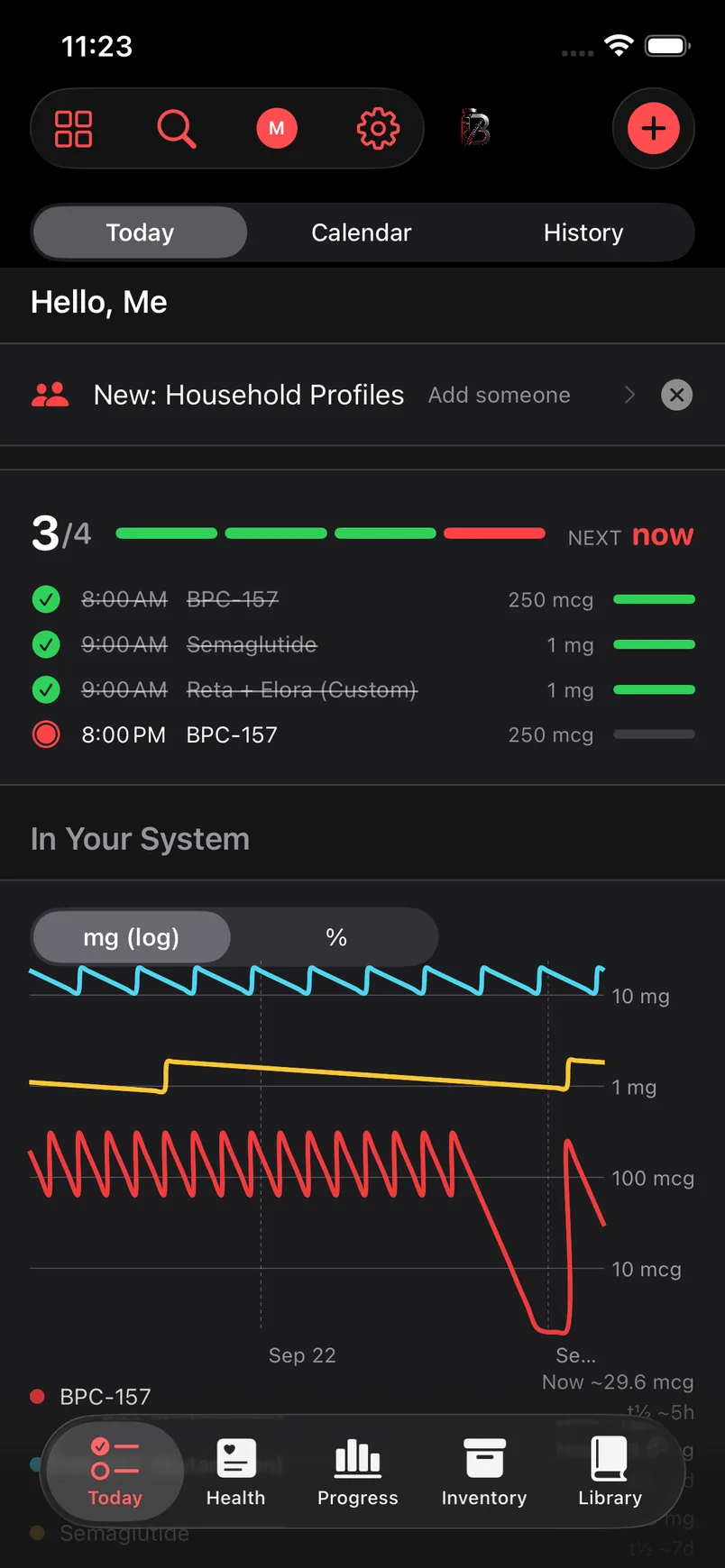 Today tab — doses due, next-dose dial and the Daily Habits card