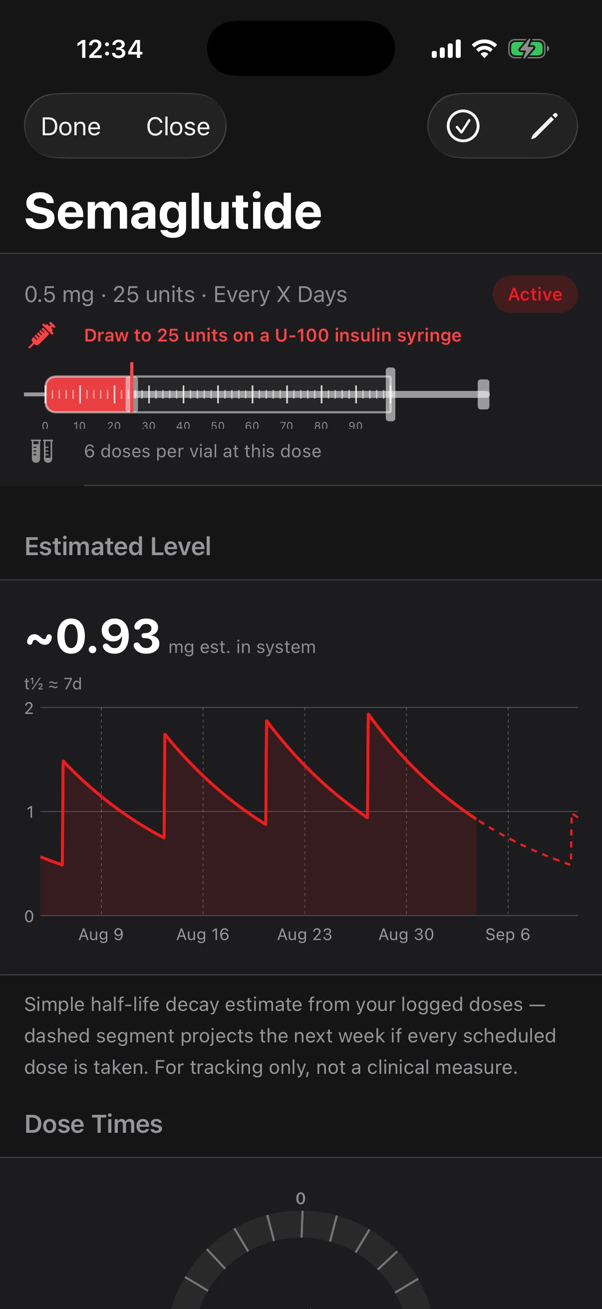 Active levels — Every logged dose run through the compound&rsquo;s half-life, with the next week…