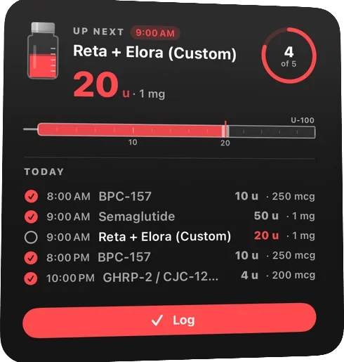 Up Next widget, large size: the same next dose plus a TODAY list of the day's five doses, four already ticked off