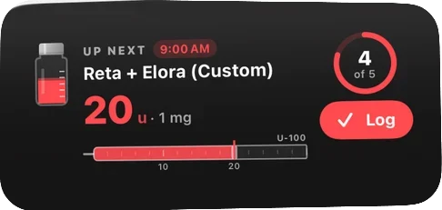 Up Next widget, medium size: Reta + Elora (Custom) at 9:00 AM, a 20 unit draw of 1 mg shown on a U-100 syringe scale, a vial drawn at its real fill level, a 4 of 5 progress ring and a Log button